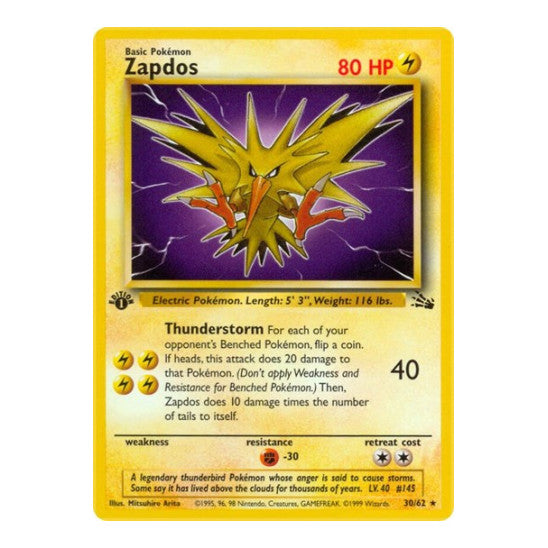 Zapdos (30) (FO) #30/62 Rare (1st Edition Near Mint) Fossil Pokemon: 1999