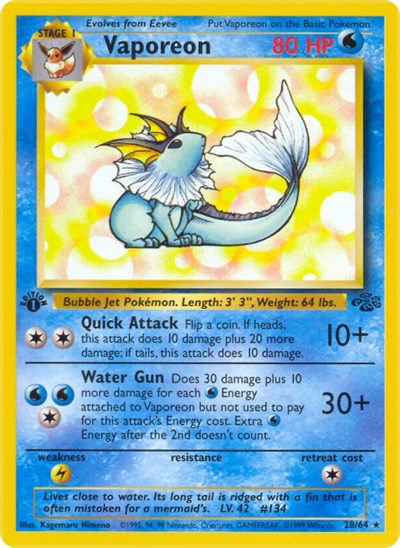 Vaporeon 28 (JU) #28/64 Rare (Unlimited Heavily Played) Jungle Pokemon: 1999
