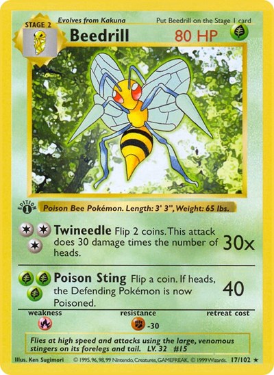Beedrill (BSS) #017/102 Rare Base Set (Shadowless) Pokemon: 1999