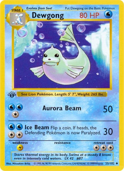 Dewgong (BSS) #025/102 Uncommon (Unlimited Lightly Played) Base Set (Shadowless) Pokemon: 1999