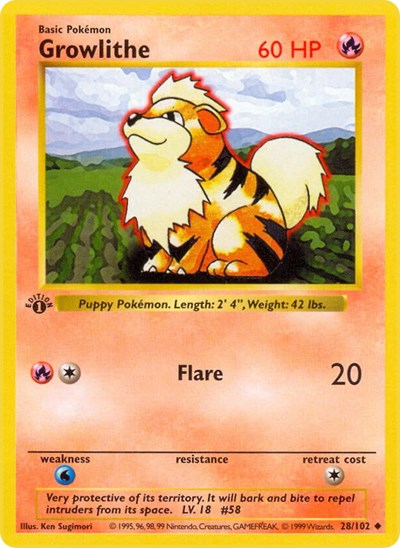 Growlithe (BSS) #028/102 Uncommon (Unlimited Lightly Played) Base Set (Shadowless) Pokemon: 1999