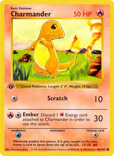 Charmander (BSS) #046/102 Common (Unlimited Damaged) Base Set (Shadowless) Pokemon: 1999