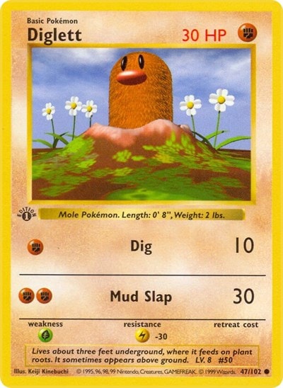 Diglett (BSS) #047/102 Common Base Set (Shadowless) Pokemon: 1999