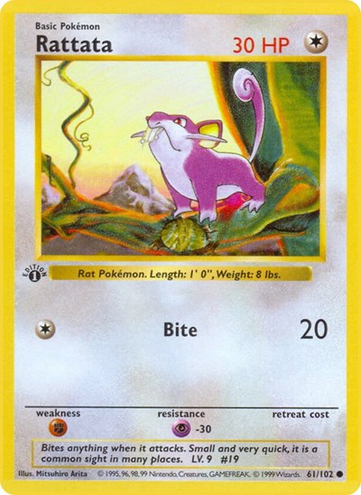 Rattata (BSS) #061/102 Common (Unlimited Moderately Played) Base Set (Shadowless) Pokemon: 1999