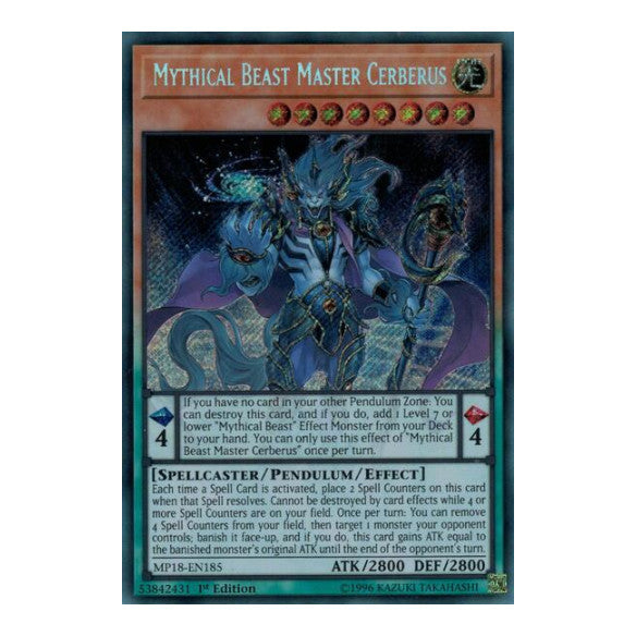 Mythical Beast Master Cerberus (MP18) #MP18-EN185 Secret Rare (1st Edition Near Mint) 2018 Mega-Tins Mega Pack YuGiOh: 2018