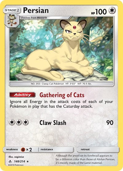Persian (SM10) #148/214 Rare (Near Mint) SM - Unbroken Bonds Pokemon: 2019