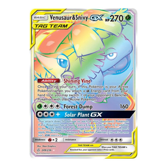Venusaur & Snivy GX (Secret) (SM12) #249/236 Rainbow Rare (Holofoil Near Mint) SM - Cosmic Eclipse Pokemon: 2019