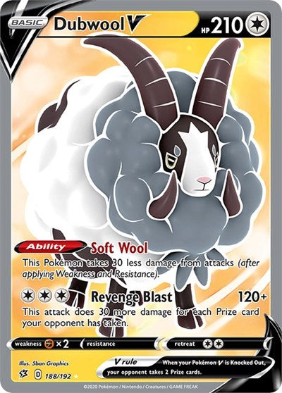 Dubwool V Full Art (SWSH02) #188/192 Ultra Rare (Holofoil Near Mint) SWSH02: Rebel Clash Pokemon: 2020