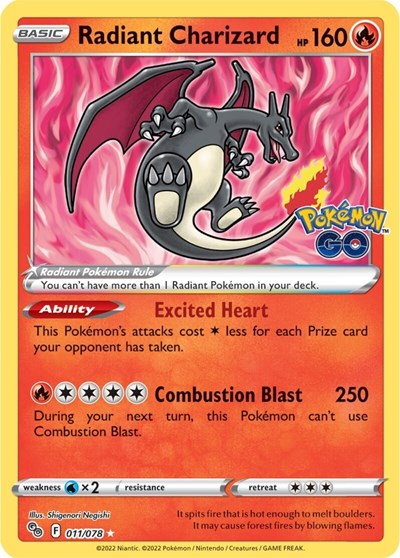 Radiant Charizard (PGO) #011/078 Radiant Rare (Holofoil Near Mint) Pokemon GO Pokemon: 2022