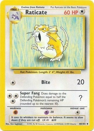 Raticate (BS) #040/102 Uncommon Base Set Pokemon: 1999