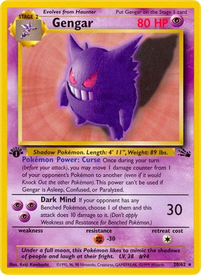Gengar 20 (FO) #20/62 Rare (Unlimited Near Mint) Fossil Pokemon: 1999