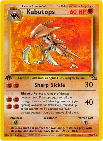 Kabutops 24 (FO) #24/62 Rare (Unlimited Moderately Played) Fossil Pokemon: 1999