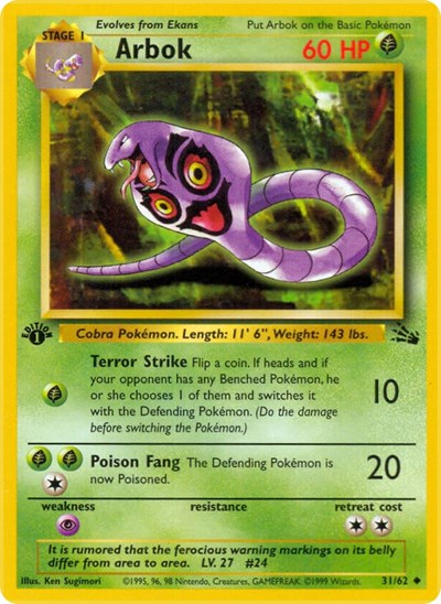 Arbok (FO) #31/62 Uncommon Fossil Pokemon: 1999