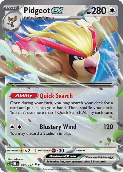 Pidgeot ex (OBF) #164/197 Double Rare (Holofoil Lightly Played) SV03: Obsidian Flames Pokemon: 2023