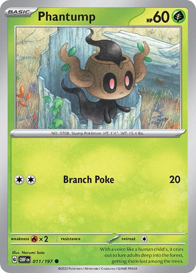 Phantump (OBF) #011/197 Common (Reverse Holofoil Lightly Played) SV03: Obsidian Flames Pokemon: 2023