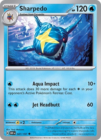 Sharpedo (OBF) #047/197 Uncommon (Reverse Holofoil Moderately Played) SV03: Obsidian Flames Pokemon: 2023