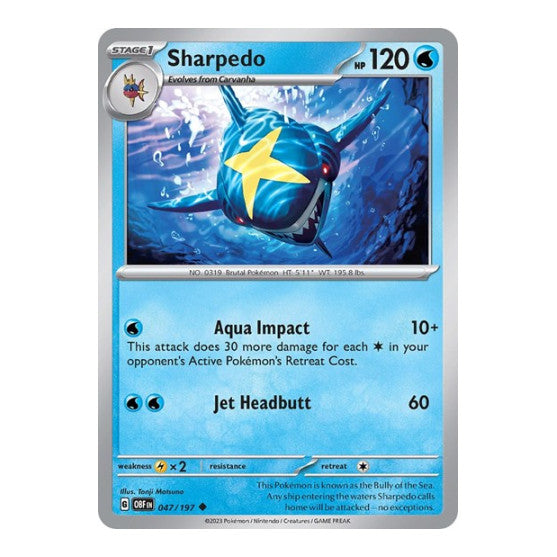 Sharpedo (OBF) #047/197 Uncommon (Reverse Holofoil Moderately Played) SV03: Obsidian Flames Pokemon: 2023