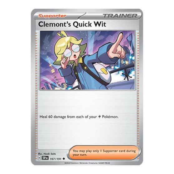 Clemont's Quick Wit - 167/191 (SSP) #167/191 Uncommon (Moderately Played) SV08: Surging Sparks Pokemon: 2024