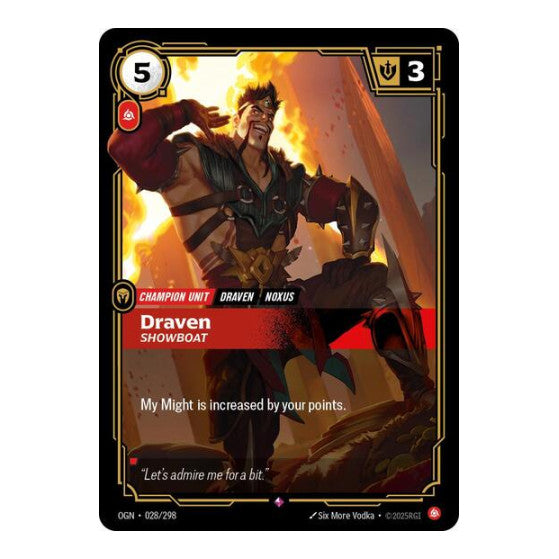 Draven Showboat (OGN) #028/298 Rare (Foil Near Mint) Origins Riftbound: League of Legends Trading Card Game: 2025