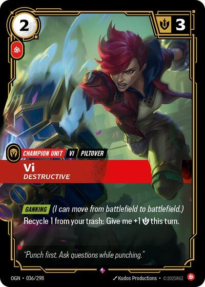 Vi - Destructive (OGN) #036/298 Rare (Foil Near Mint) Origins Riftbound: League of Legends Trading Card Game: 2025