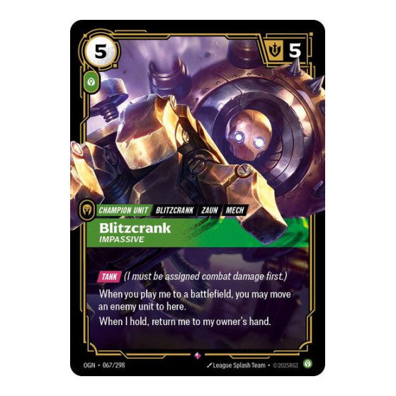 Blitzcrank Impassive (OGN) #067/298 Rare (Foil Near Mint) Origins Riftbound: League of Legends Trading Card Game: 2025
