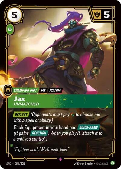 Jax - Unmatched (SFD) #054/221 Rare (Foil Near Mint) Spiritforged Riftbound: League of Legends Trading Card Game: 2026
