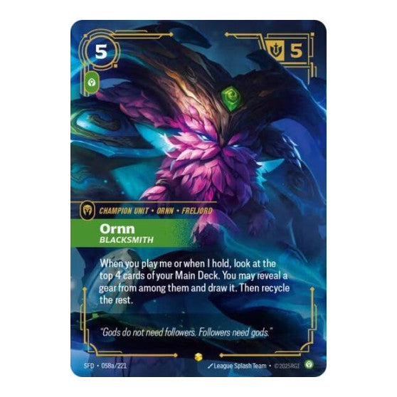 Ornn, Blacksmith (Alternate Art) (SFD) #058a/221 Showcase (Foil Near Mint) Spiritforged Riftbound: League of Legends Trading Card Game: 2026