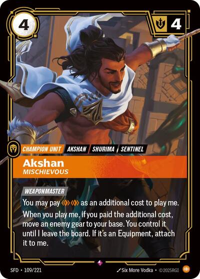 Akshan - Mischievous (SFD) #109/221 Rare (Foil Near Mint) Spiritforged Riftbound: League of Legends Trading Card Game: 2026