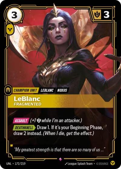 LeBlanc - Fragmented (UNL) #172/219 Rare (Foil Near Mint) Unleashed Riftbound: League of Legends Trading Card Game: 2026