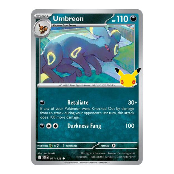 Umbreon (30C) #091/128 Common (Holofoil Near Mint) ME: 30th Celebration Pokemon: 2026