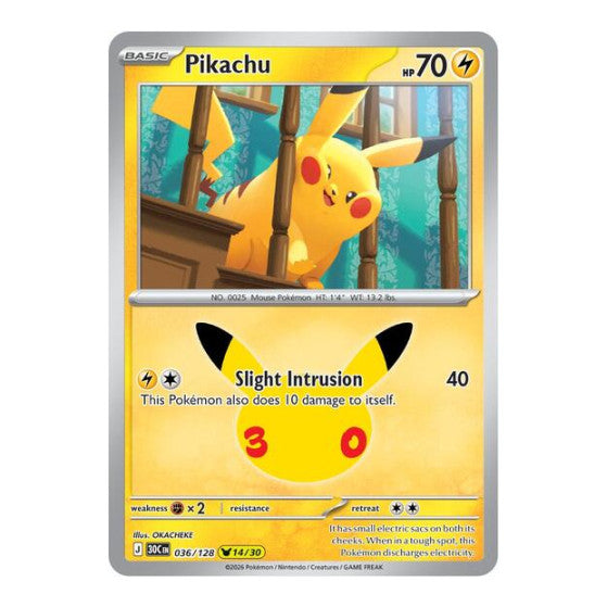 Pikachu - 036/128 (30C) #036/128 Pikachu Rare (Holofoil Near Mint) ME: 30th Celebration Pokemon: 2026
