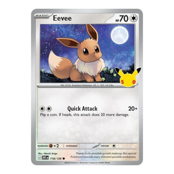 Eevee - 118/128 (30C) #118/128 Common (Holofoil Near Mint) ME: 30th Celebration Pokemon: 2026