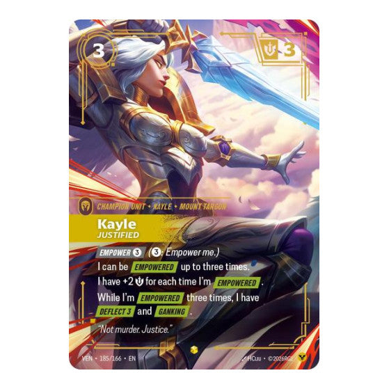 Kayle, Justified (Overnumbered) (VEN) #185/166 Showcase (Foil Near Mint) Vendetta Riftbound: League of Legends Trading Card Game: 2026