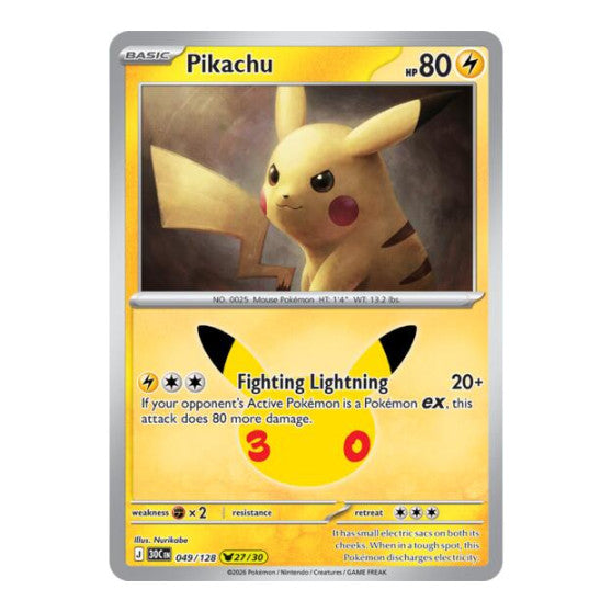 Pikachu - 049/128 (30C) #049/128 Pikachu Rare (Holofoil Near Mint) ME: 30th Celebration Pokemon: 2026