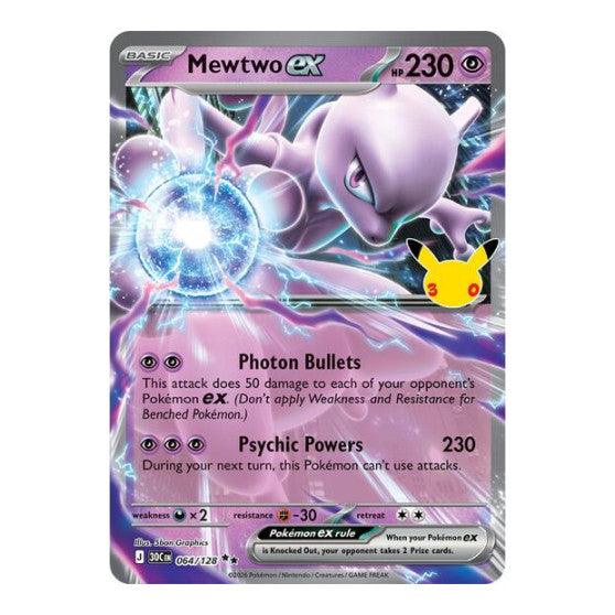 Mewtwo ex - 064/128 (30C) #064/128 Double Rare (Holofoil Near Mint) ME: 30th Celebration Pokemon: 2026