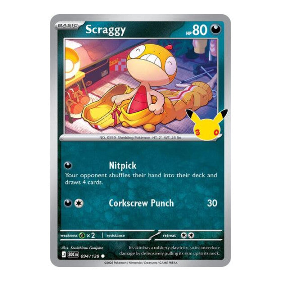 Scraggy - 094/128 (30C) #094/128 Common (Holofoil Near Mint) ME: 30th Celebration Pokemon: 2026
