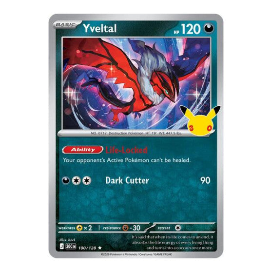 Yveltal (30C) #100/128 Rare (Holofoil Near Mint) ME: 30th Celebration Pokemon: 2026