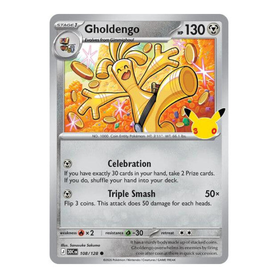 Gholdengo - 108/128 (30C) #108/128 Common (Holofoil Near Mint) ME: 30th Celebration Pokemon: 2026