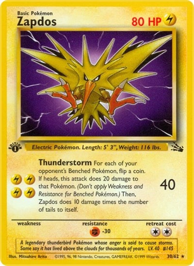 Zapdos (30) (FO) #30/62 Rare (1st Edition Near Mint) Fossil Pokemon: 1999