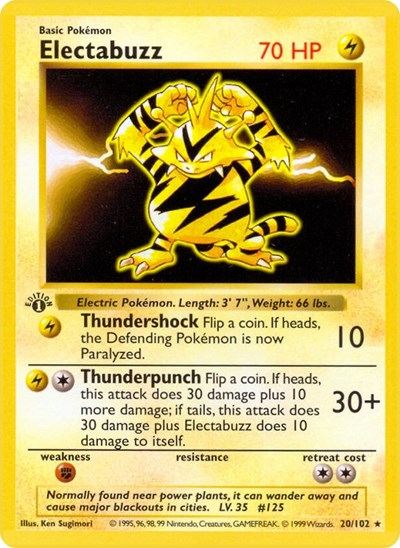 Electabuzz (BSS) #020/102 Rare (Unlimited Heavily Played) Base Set (Shadowless) Pokemon: 1999