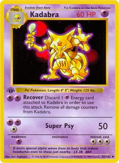 Kadabra (BSS) #032/102 Uncommon (Unlimited Moderately Played) Base Set (Shadowless) Pokemon: 1999