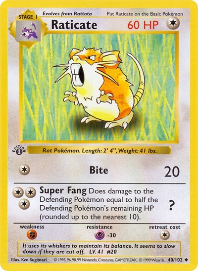 Raticate (BSS) #040/102 Uncommon (Unlimited Moderately Played) Base Set (Shadowless) Pokemon: 1999