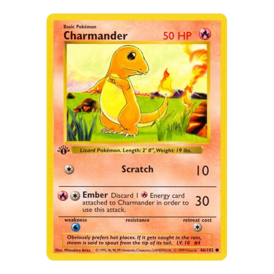 Charmander (BSS) #046/102 Common (Unlimited Damaged) Base Set (Shadowless) Pokemon: 1999