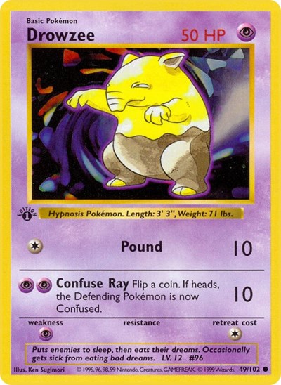 1999 Pokemon: Base Set (Shadowless) (BSS) - Drowzee (#049/102, Common) (Unlimited, Moderately Played)