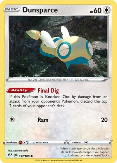 Dunsparce (SWSH03) #137/189 Common (Reverse Holofoil Near Mint) SWSH03: Darkness Ablaze Pokemon: 2020