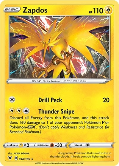 Zapdos (SWSH04) #048/185 Holo Rare (Holofoil Near Mint) SWSH04: Vivid Voltage Pokemon: 2020