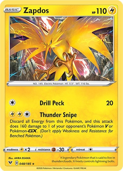 Zapdos (SWSH04) #048/185 Holo Rare (Holofoil Near Mint) SWSH04: Vivid Voltage Pokemon: 2020