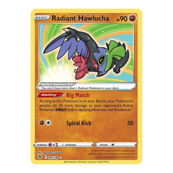 Radiant Hawlucha (SWSH10) #081/189 Radiant Rare (Holofoil Near Mint) SWSH10: Astral Radiance Pokemon: 2022