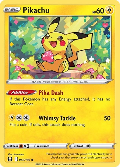 Pikachu (SWSH11) #052/196 Common (Near Mint) SWSH11: Lost Origin Pokemon: 2022