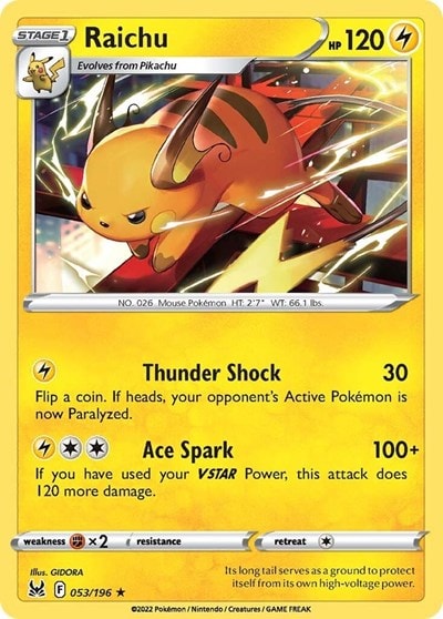 Raichu (SWSH11) #053/196 Rare (Reverse Holofoil Moderately Played) SWSH11: Lost Origin Pokemon: 2022